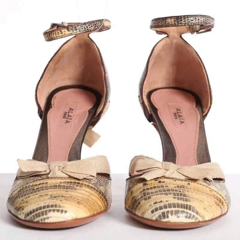ALAIA natural scaled ribbon bow ankle strap pumps heels EU35.5 US5.5 UK2.5