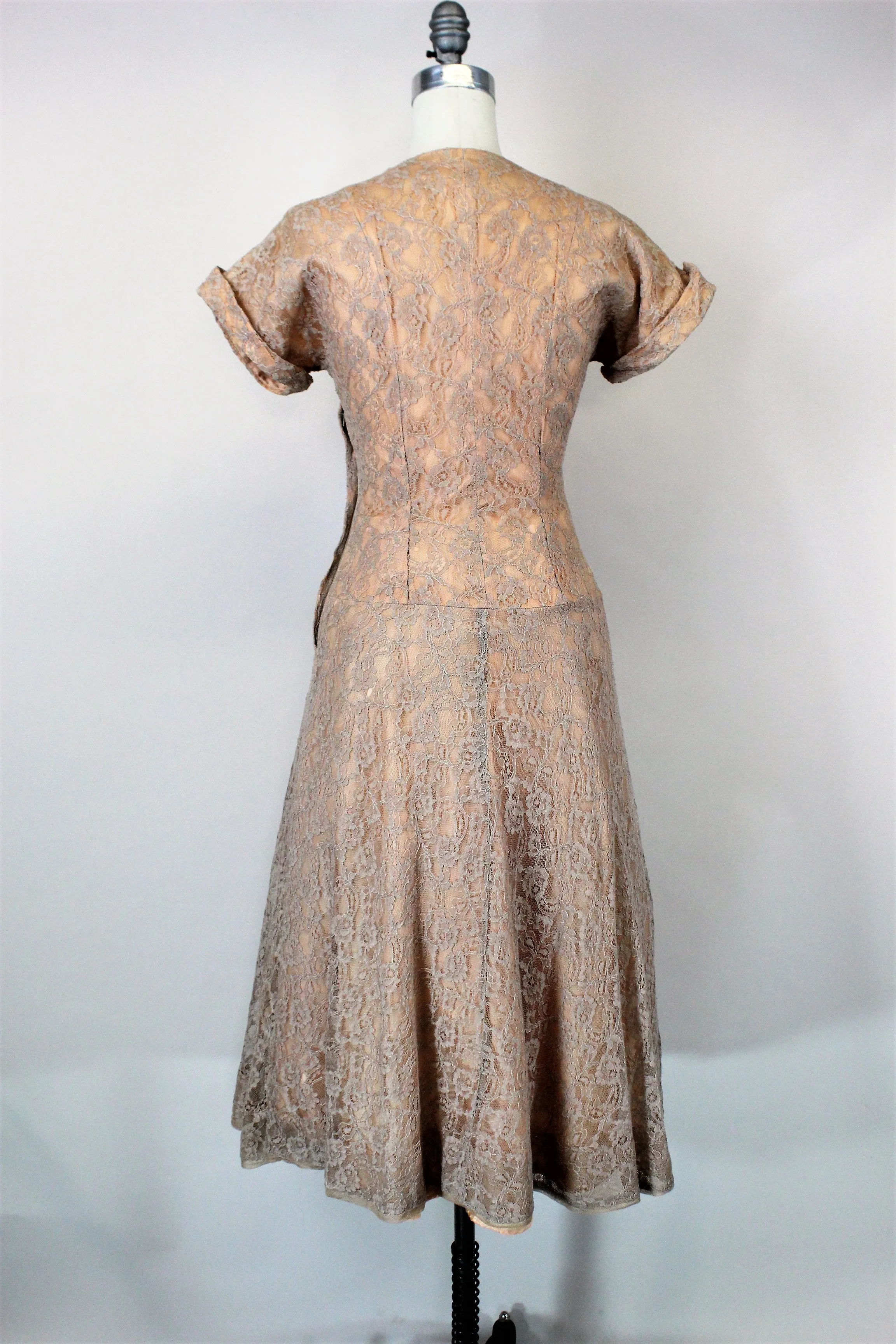 Vintage 1950s Blush Illusion Lace Fit And Flare Dress