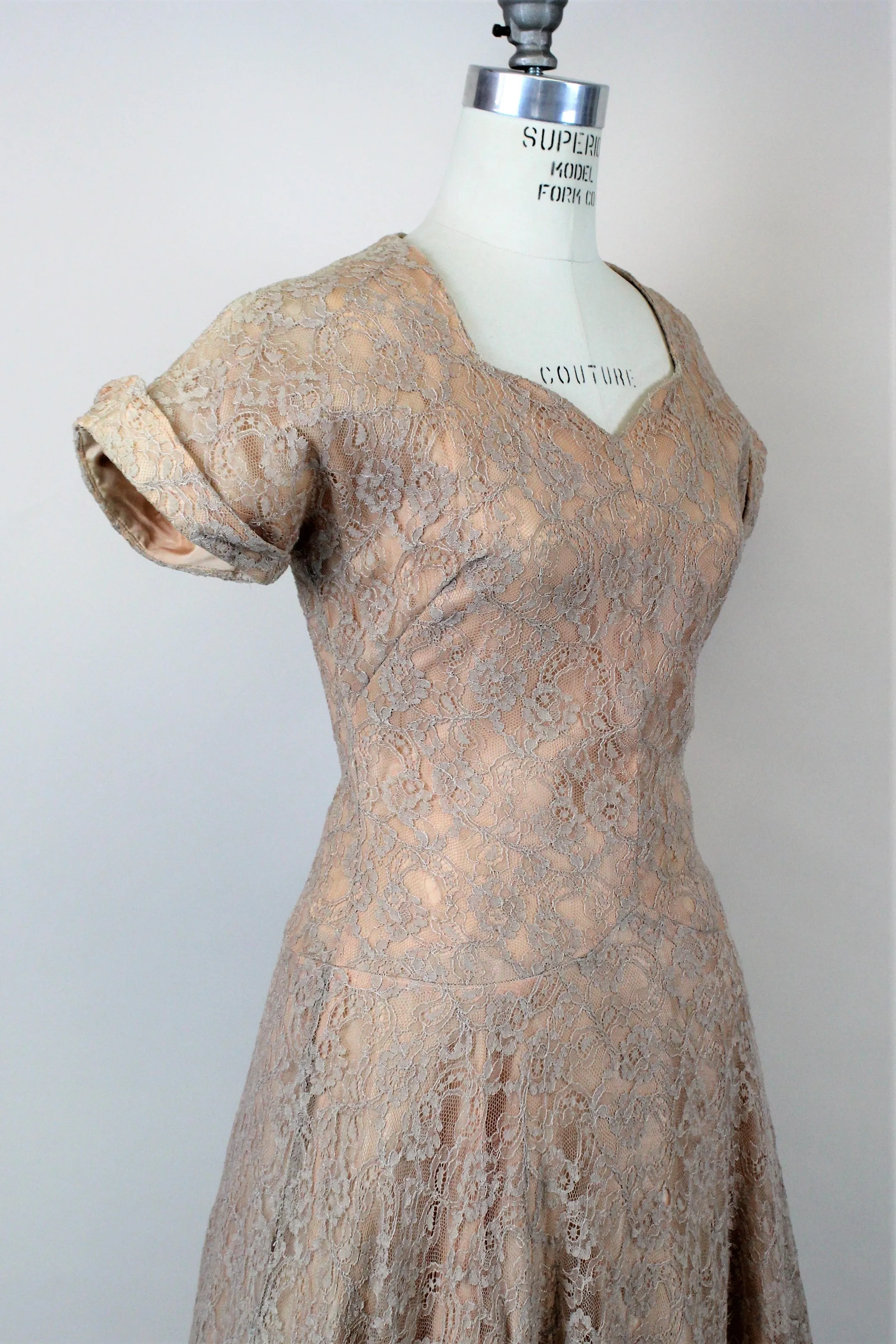 Vintage 1950s Blush Illusion Lace Fit And Flare Dress