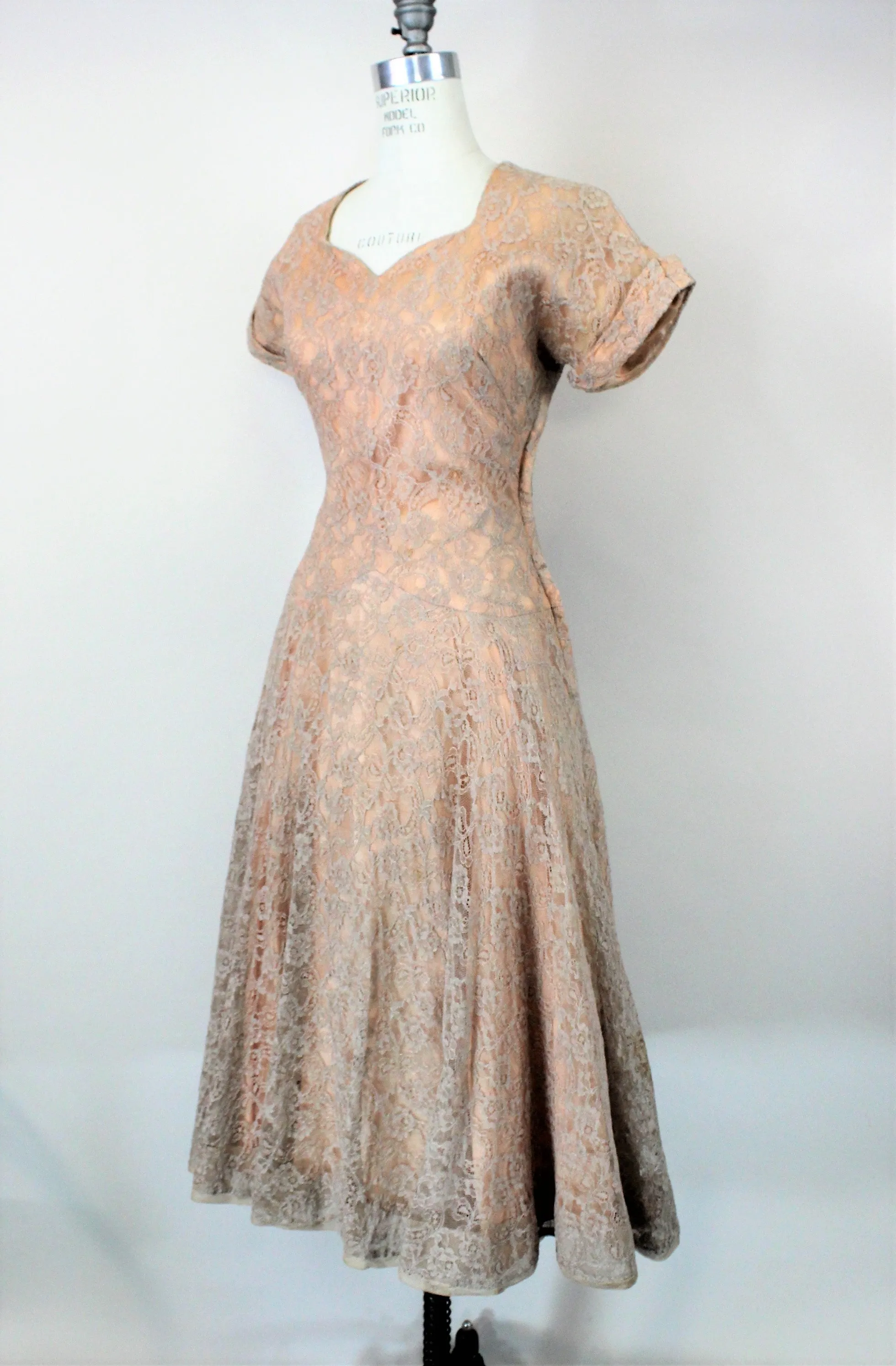 Vintage 1950s Blush Illusion Lace Fit And Flare Dress