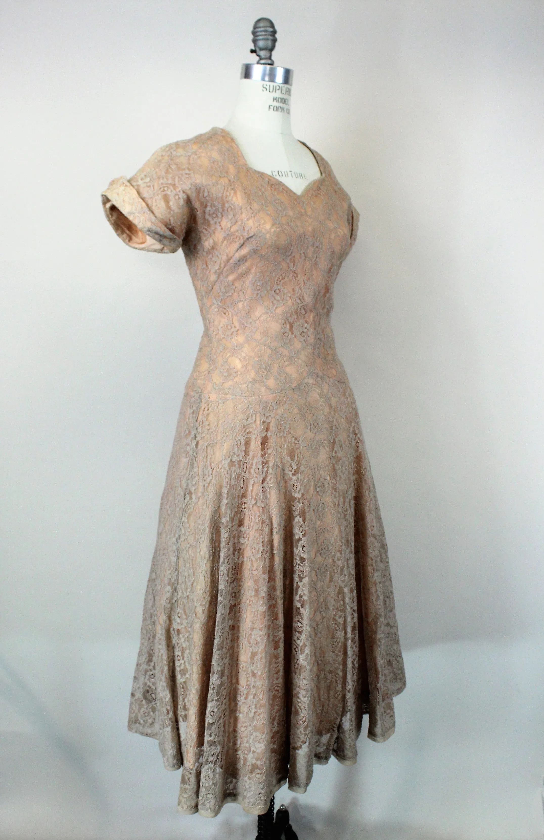 Vintage 1950s Blush Illusion Lace Fit And Flare Dress