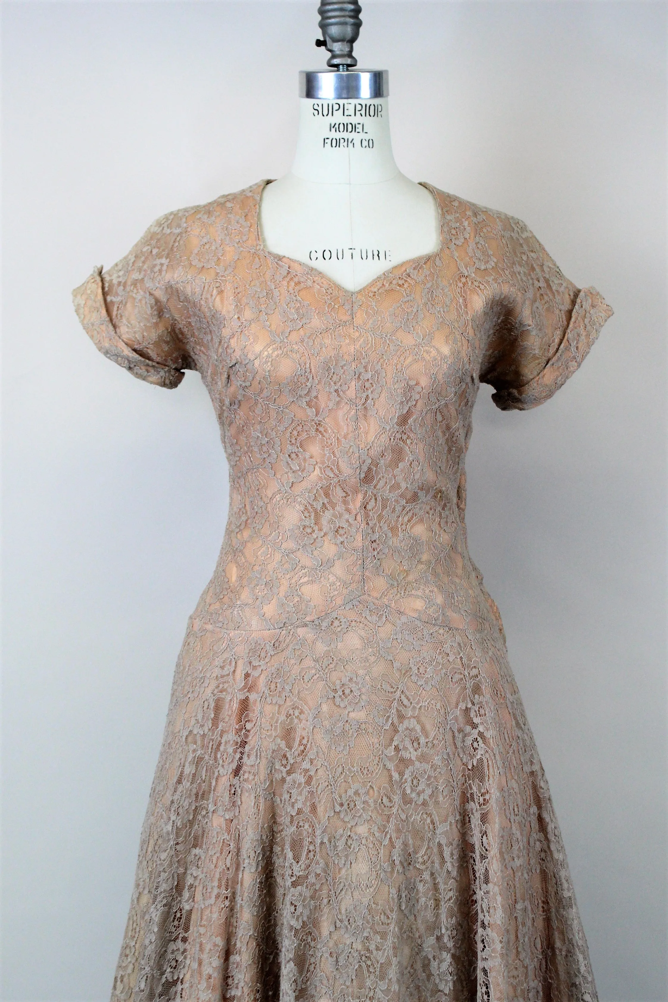 Vintage 1950s Blush Illusion Lace Fit And Flare Dress