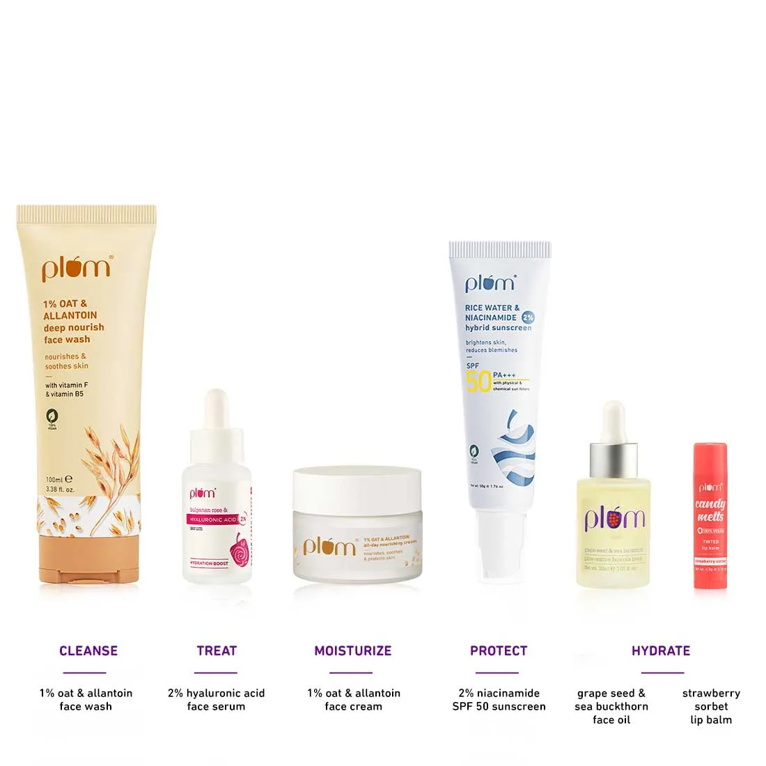 Winter Essentials Combo | Oat face Wash,  Hyaluronic Acid Face Serum, Oat Cream, Niacinamide Sunscreen with SPF 50 PA   , Grape Seed Face Oil, Strawberry Sorbet Lip Balm